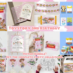 May include: A collection of Toy Story-themed party supplies, including invitations, banners, treat bags, water bottle labels, and cupcake toppers. The items feature characters like Woody, Buzz Lightyear, and Jessie, with a pink and white color scheme. Text includes "Happy Birthday" and "Charlie is turning 2".