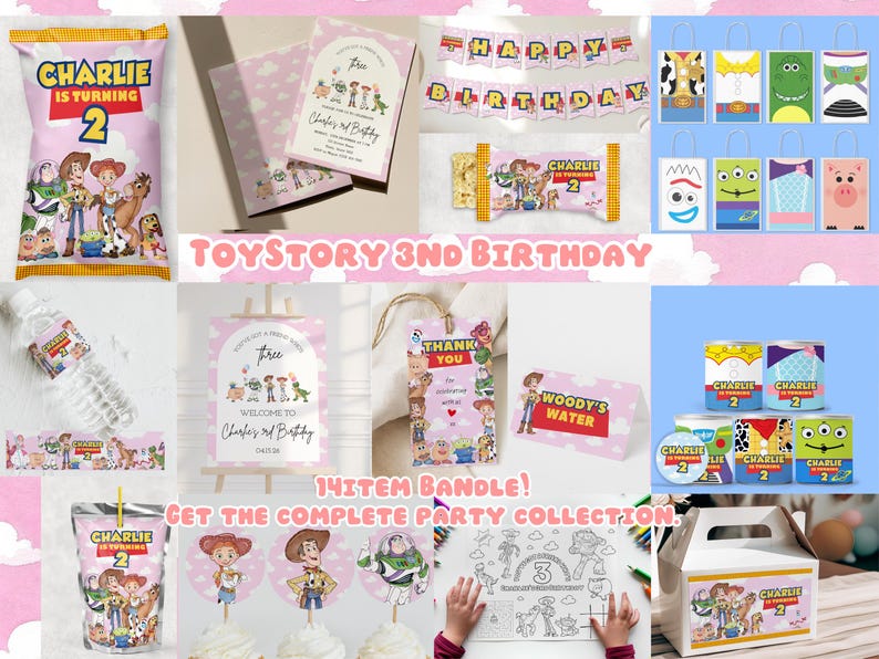 May include: A collection of Toy Story-themed party supplies, including invitations, banners, treat bags, water bottle labels, and cupcake toppers. The items feature characters like Woody, Buzz Lightyear, and Jessie, with a pink and white color scheme. Text includes "Happy Birthday" and "Charlie is turning 2".