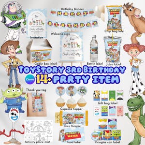 May include: A selection of Toy Story party decorations and accessories, such as a banner, welcome sign, labels, cupcake toppers, and gift bag labels. The designs feature Woody, Buzz Lightyear, and Jessie, with the text "Toy Story 3rd Birthday" and "14+ Party Item".