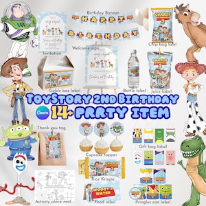 May include: A selection of Toy Story party decorations and accessories, featuring characters from the film. Includes a banner, welcome sign, gift bags, and cupcake toppers. The text "Toy Story 2nd Birthday" is visible on several items, ideal for a child's celebration.