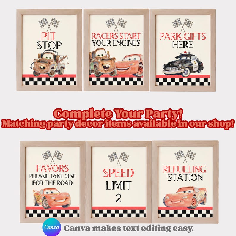 May include: Six framed signs featuring cartoon race cars and checkered flags. The signs display text including Pit Stop, Racers Start Your Engines, Park Gifts Here, Favors Please Take One For The Road, Speed Limit 2, and Refueling Station.