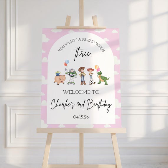Pink Toy Story Birthday Welcome Sign, Watercolor Poster, Editable Canva Template (Digital Download)