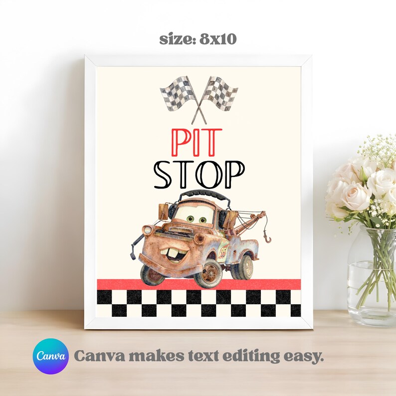 May include: A framed 20x25 cm print featuring a rusty brown tow truck character with large eyes and a wide smile. Above the truck, two crossed checkered flags appear. The text PIT STOP is printed in red and black. A black and white checkered border sits below.