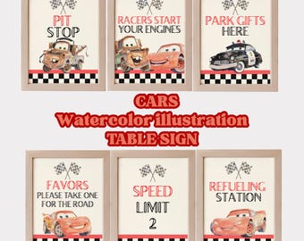 Cars Party Signs Bundle Lightning McQueen Mater Watercolor (Digital Download)