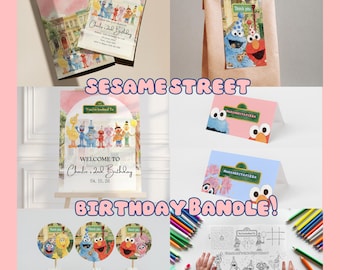 Pink Watercolor Sesame Street Birthday Bundle, Editable Invitation (Digital Download)