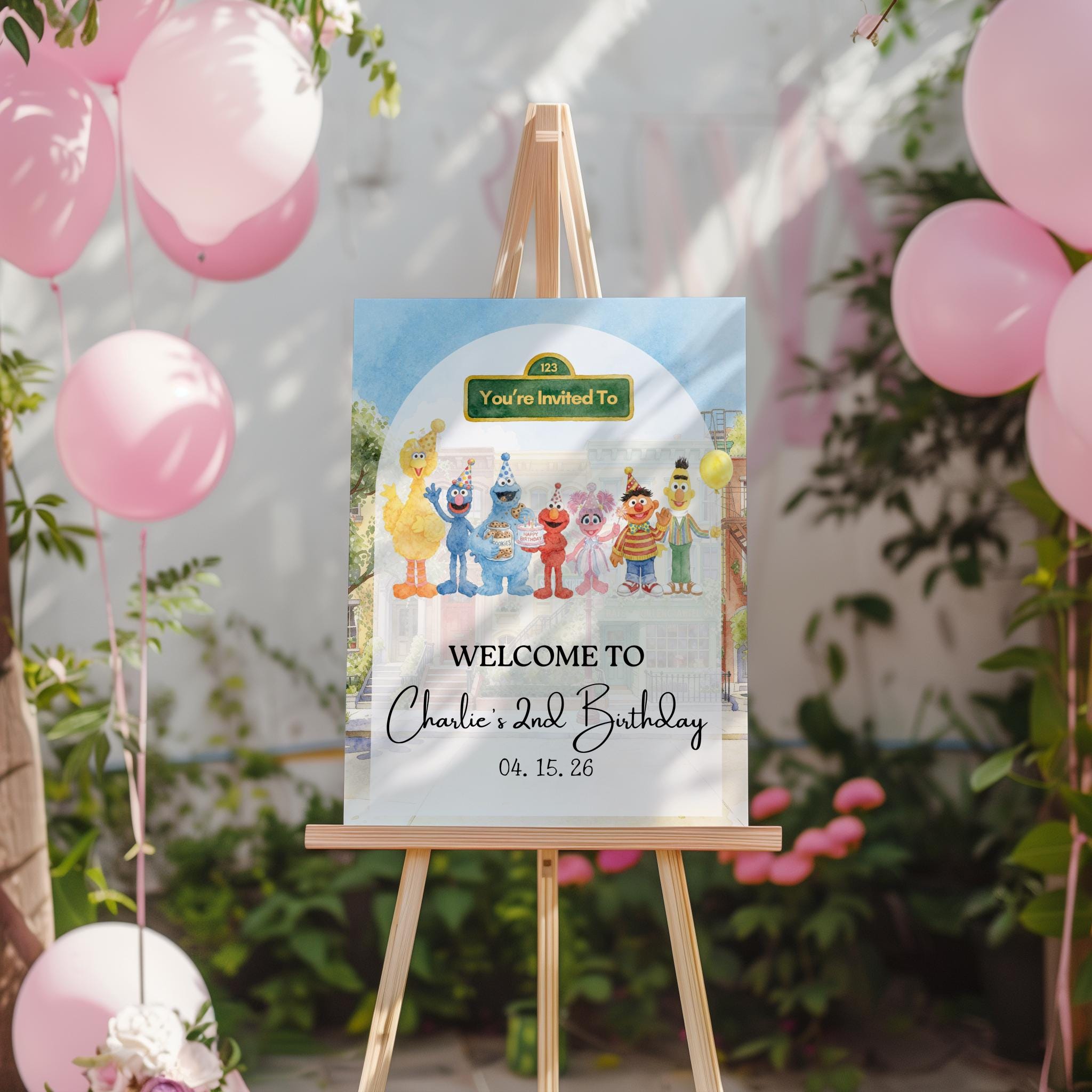 Sesame Street Watercolor Birthday Welcome Sign, Elmo Cookie Monster ...