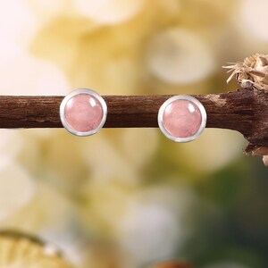Peut inclure: Deux boucles d'oreilles rondes avec un centre rose clair et une bordure argentée. Les boucles d'oreilles sont présentées sur une branche brune sur un fond flou et clair. Les boucles d'oreilles ont un design simple et élégant.