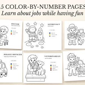Puede incluir: Un conjunto de 15 páginas de colorear por números con ilustraciones de varios trabajos, incluyendo médico, astronauta, granjero, policía, veterinario y mecánico. Cada página incluye una clave de color numerada para guiar el proceso.
