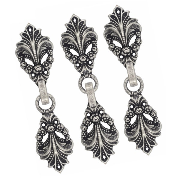 Bezelry 6 Pairs Antique Silver Arabesque Flower Garland Sew On Cape or Cloak Clasp Fasteners. 70mm Fastened.