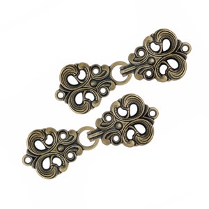 4 Pairs Antique Brass Baroque Swirl Sew On Hook and Eye Cloak Clasp Fasteners. 70mm x 25mm Fastened.