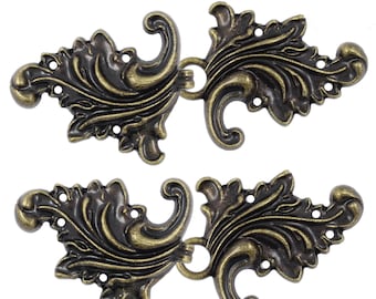 4 Pairs Sew On Asymmetric Acanthus Leaf Cape or Cloak Clasp Fasteners. 66mm x 28mm Fastened. (Antique Brass)(MTN7484-AB)