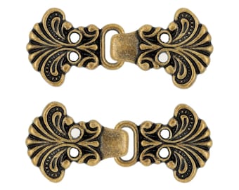 6 Pairs Pappus Flower Cape or Cloak Clasp Fasteners.Sew On Hooks and Eyes Cardigan Clip. 45mm Fastened. (Antique Brass)(MTN3017-AB)