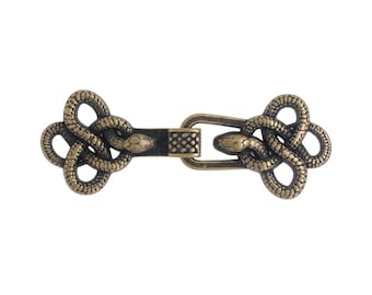 Bezelry 6 Pairs Snake Sew On Hook And Eye Cloak Clasp Fasteners. 55mm x 20mm (2-1/8 inch x 3/4 inch) Fastened. (Antique Brass)