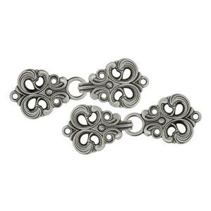 4 Pairs Gray Silver Baroque Swirl Sew On Hook and Eye Cloak Clasp Fasteners. 70mm x 25mm Fastened.