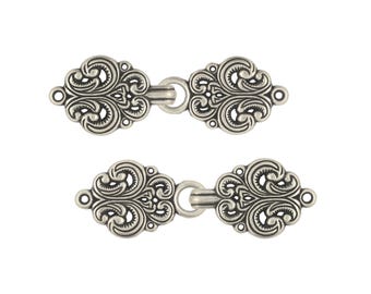 6 Pairs Rococo Swirl Flower Cape or Cloak Clasp Fasteners. Sew On Hooks and Eyes Cardigan Clip. 65mm Fastened. (Antique Silver)(MTN3016-AS)
