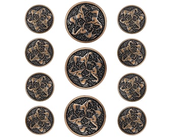 Celtic Horses Metal Shank Buttons. Blazer Button Set. 3 Pcs of 25mm, 8 Pcs of 18mm (Antique Copper)(MTN2407-AC-1825)