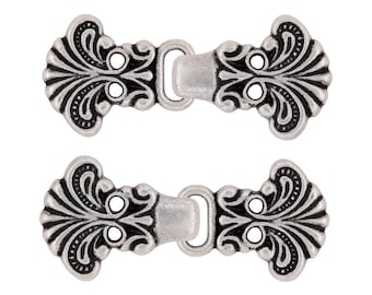 6 Pairs Pappus Flower Cape or Cloak Clasp Fasteners.Sew On Hooks and Eyes Cardigan Clip. 45mm Fastened. (Antique Silver)(MTN3017-AS)