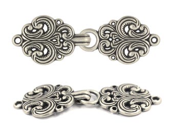 6 Pairs Rococo Swirl Flower Cape or Cloak Clasp Fasteners. Sew On Hooks and Eyes Cardigan Clip. 65mm Fastened. (Antique Silver)(MTN3016-AS)