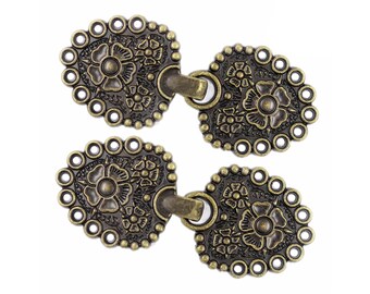 4 Pairs Romantic Bouquet Cape or Cloak Clasp Fasteners. 62mm x 25mm Fastened. Sew On Hooks and Eyes (Antique Brass)