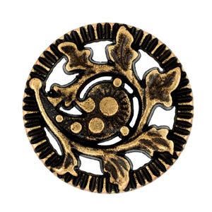 May include: A round button featuring an openwork design with a metallic gold finish and dark recessed areas. The center displays a swirling foliate pattern with small circular accents, surrounded by a textured, ribbed outer circular border.