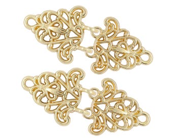 4 Pairs Filigree Trivet Cape or Cloak Clasp Fasteners. 64mm x 29mm Fastened. Sew On Hooks and Eyes Cardigan Clip (Gold)(MTN7480-GD)