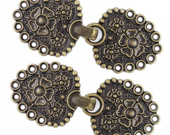4 Pairs Romantic Bouquet Cape or Cloak Clasp Fasteners. 62mm x 25mm Fastened. Sew On Hooks and Eyes (Antique Brass)