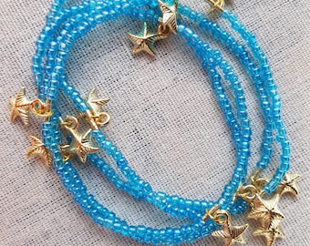 Blue Waist Beads with Starfish Charm, Beach Body Jewelry, Stretch Waist Beads, Summer Belly Chain, Ocean Inspired Jewelry, Gift for Her