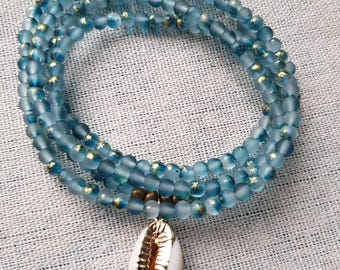 Cuentas azules para la cintura con conchas de cauri – Cuentas africanas para la cintura – Joyería corporal bohemia – Cadena para el vientre con cuentas hecha a mano – Joyería playera para mujer