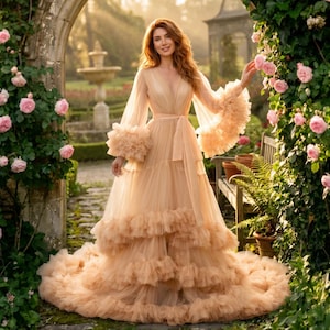 Puffy Tulle Robe Lingerie for Women Long Bridal Robe with Train Sleepwear Maternity Robe for Photoshoot Illusion Wedding Scarf Boudoir Robe