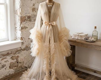 Puffy Tulle Bridal Robe Wedding Lingerie Sleepwear Maternity Robe for Photoshoot Illusion Bridesmaid Boudoir Robe Boudoir Robe Dressing Gown
