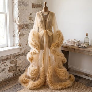 Robe de maternidade de penas para ensaio fotográfico, camisola etérea, longerie de casamento, robe de noiva longo em tule, robe boudoir para damas de honra, roupão de vestir