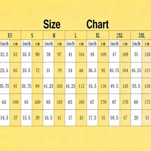 May include: A yellow size chart table with black text, listing measurements for bust, waist, hips, height, and shoulder in both inches and centimeters for sizes XS through 4XL. The grid displays specific numerical values for each category.