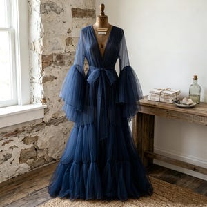 Long Tulle Bridal Robe, Illusion Boudoir Robe, Wedding robe Maxi Dressing Gown Bridesmaid Robe Maternity Robe for Photography Evenig Gowns Navy