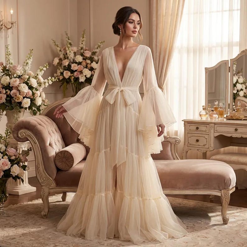 May include: A floor-length, champagne-colored tulle gown featuring a deep V-neckline, long sheer bell sleeves, and a tiered skirt. The dress includes a matching fabric tie at the waist, creating a gathered silhouette with a flowing, layered design.