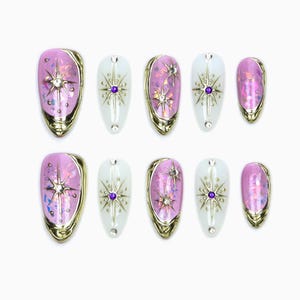 Rosa skimrande flingstjärna stiletto press-on naglar, eleganta kokett gradient guld wrap kristall handgjorda lösnaglar, minimalistisk romantisk nagel