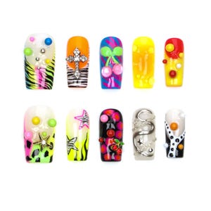 Y2K Neon Vierkante Plaknagels, Nagels met Bubbeltjes en Dierenprint, Harajuku Slangenketting Nagels, Handgemaakte 3D Kersen Nepnagels, Zebra Luipaard Kawaii Nagelset