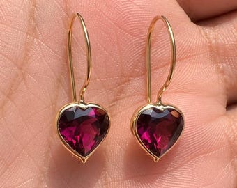 Handmade Solid Gold 18k Ruby Earrings: Heart Gemstone Jewelry