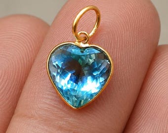 Aquamarine Gold Heart Charm – 18k Solid Gold Pendant: Handmade Dainty Gemstone Jewellery