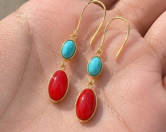 18K Gold Turquoise Coral Dangle Earrings | Natural Gemstone Drop Jewelry