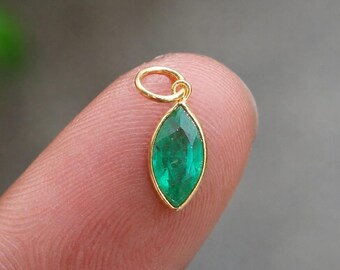 Handmade Solid Gold Emerald Charm Pendant - Marquise Gemstone Jewelry
