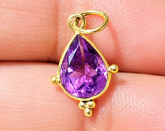 Handmade Solid Gold Natural Amethyst Charm Pendant - Gemstone Jewelry