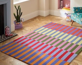 Handtuftad färgglad randig matta | Randig lapptäckesmatta | Modern geometrisk matta | Flerfärgad ullmatta | Vardagsrums- och barnrumsinredning