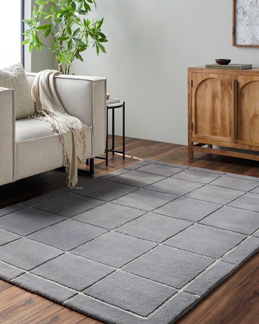 Hand Tufted Wool Rug | Grey Grid Pattern Rug | Minimalist Modern Area ...