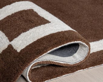 Hand Tufted Wool Rug | Modern Brown Border Rug | Minimalist Geometric Carpet | Contemporary Living Room Rug | Bedroom Area Rug