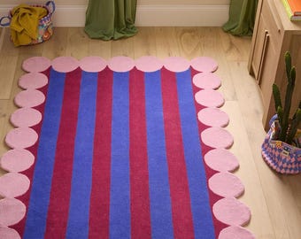 Hand getuftet bunt gestreifter Teppich | Ausgebogter Rand Teppich | Moderner Geometrischer Teppich | Mehrfarbiger Wollteppich | Wohnzimmer & Kinderzimmer Dekor