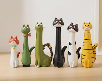 Statue de chat en résine au long cou, décoration d'étagère fantaisiste, cadeau amusant, 5 styles