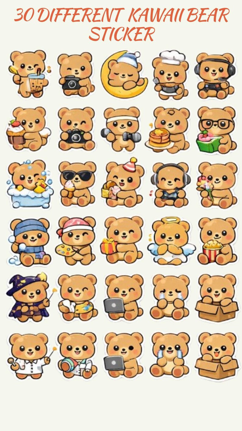 Kawaii Bear Sticker Pack | Cute Bear Stickers PNG | Digital Download ...