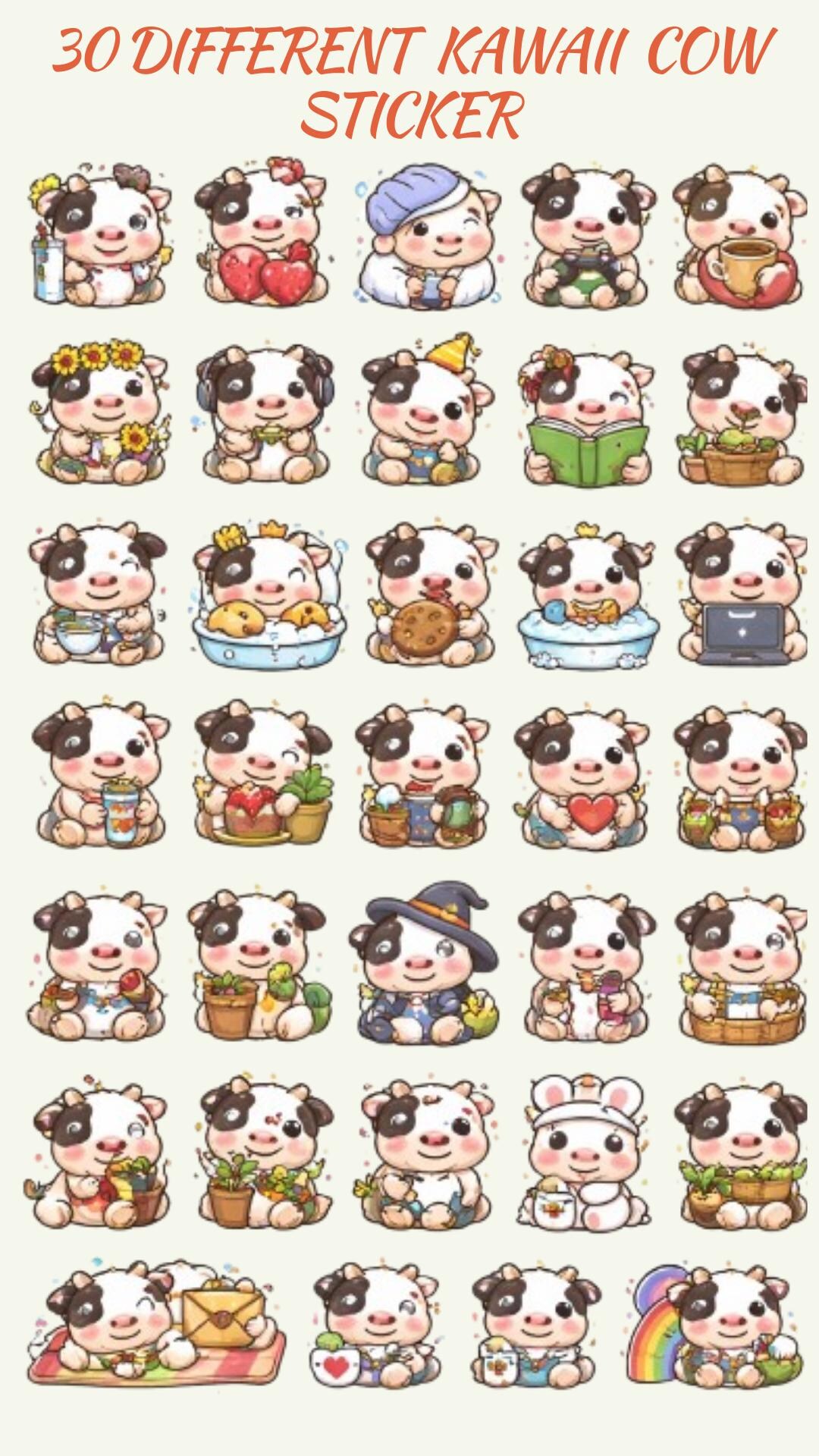 Kawaii Cow Sticker Pack | 30 Cute Cow Stickers PNG | Digital Download ...