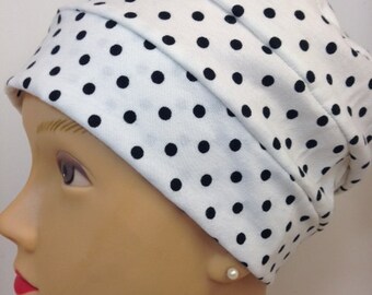 100% Cotton Adult Black Dots on White Jersey Knit Hat