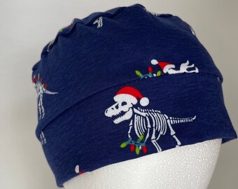 100% Cotton Child Santa Hat Dinosaurs on Navy Jersey Knit Hat
